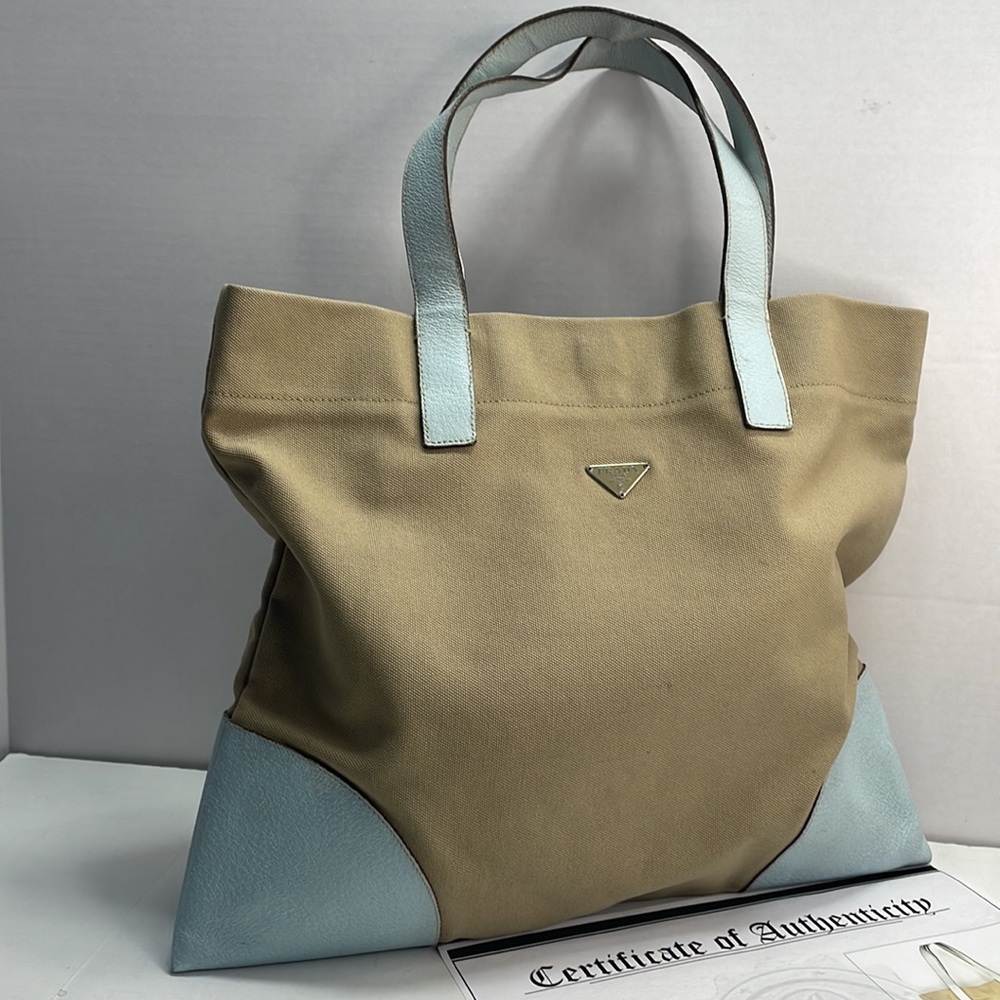 Authentic PRADA Canapa blue and tan canvas and leather tote  bag with COA